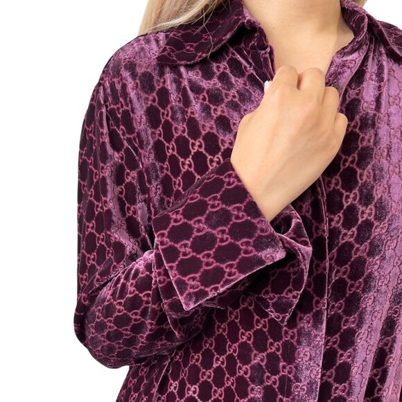 GUCCI Vintage Velour Button Up Shirt Top Purple GG Monogram Logo Silk [106237] - Picture 3 of 13